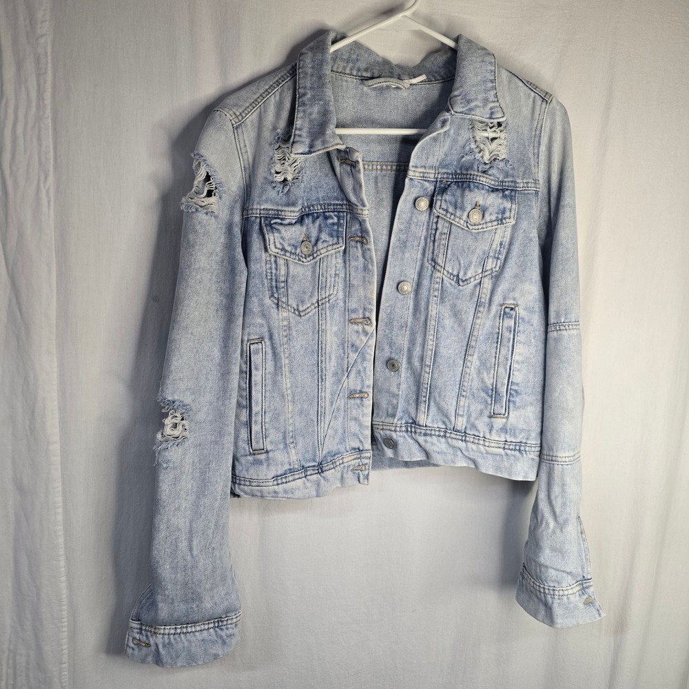 Free People Distressed Denim Jacket Womens Small Light Wash Ripped Cotton Blend